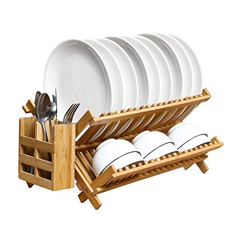 PENGKE Dish Rack, Bamboo Folding 2Tier Collapsible Drainer Dish Drying Rack with Utensils