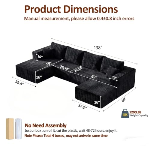 Image of 138 inch Modular Sectional Sofa,U-Shaped Cloud Couch with Deep Seats & Chaise,Upholstered Corduroy Boneless Couch for Living Room, No Need Assembly - Black(Right Facing Chaise)