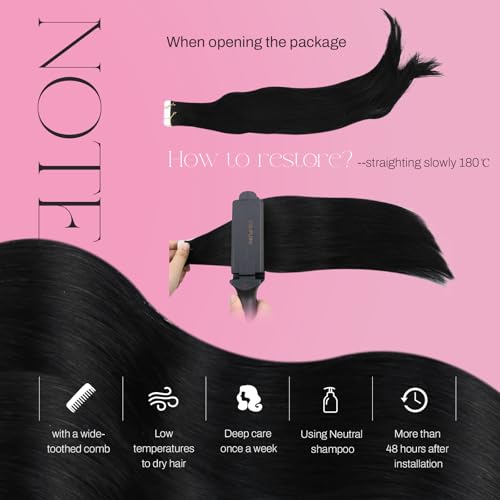 Image of Moresoo Black Hair Extensions Tape in Real Human Hair 22 Inch 20Pcs 50g | Tape in hair extensions real human hair, flat adhesive tabs, long straight length for braids, weddings and formal events