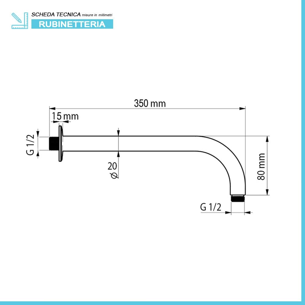 Kit doccia satinato con braccio 35 cm e soffione 25 cm in acciaio inox, ugelli anticalcare e attacchi standard G 1/2", GEMINI