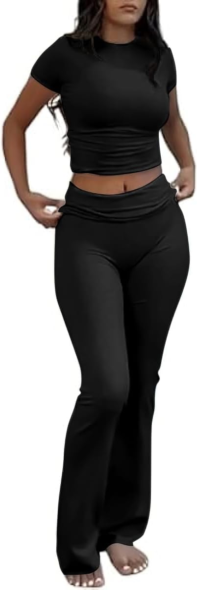 Two Piece Lounge Sets for Women Fold Over Flare Pa…