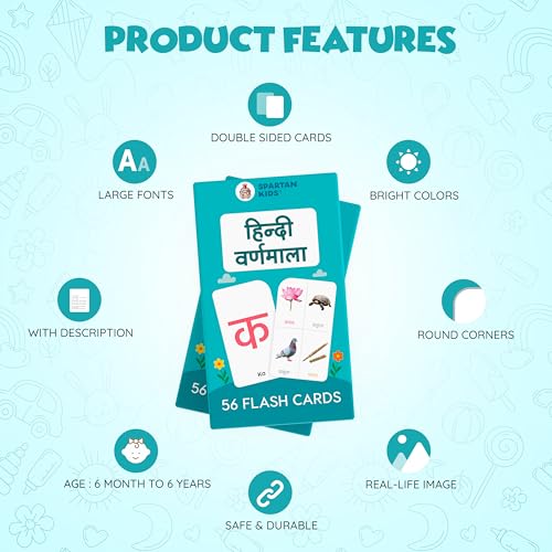 Image of Spartan Kids Hindi Varnamala 56 Flash Cards for New Born Baby, Educational Flash Cards for 1 Year Old Baby with Pictures and Words for Early Language and Alphabet Learning