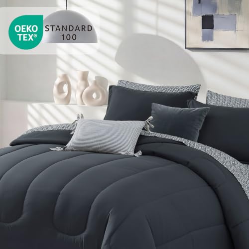 Image of Monbix Full Size Comforter Set - 7 Pieces Bed in a Bag Full, Blue Grey Track Stitching Bedding Sets, All Seasons Comforter Bed Set with Sheets, Pillowcases & Shams