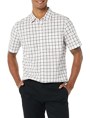 Amazon Essentials Men's Short Sleeve Dress Shirt with Stretch, Charcoal White Vertical Stripe (Available in Big & Tall), Pink White Buffalo Plaid, X-Small