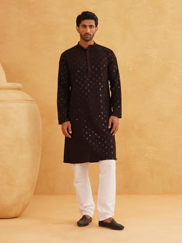 Image of SOJANYA Men's Coffee Brown Cotton Blend Kurta with Intricate Embroidery & Subtle Sequin Work