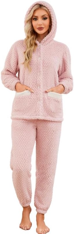 HEARTNICE Women's Cute Hooded Pajama Set, Soft Warm Plush Long Sleeve Sleepwear with Pockets Fluffy Fuzzy Cozy Pjs