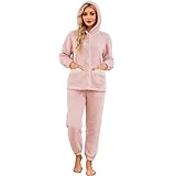 HEARTNICE Women's Cute Hooded Pajama Set, Soft Warm Plush Long Sleeve Sleepwear with Pockets Fluffy Fuzzy Cozy Pjs (Light Pink+White, M)