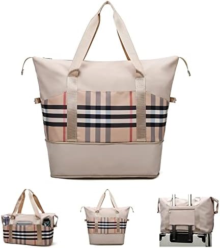 Travel Duffel Bags for Women,Large Capacity Carry On Tote Bag,Expandable Sports Gym Bag With Trolley Sleeve Weekender Tote Bags For Hospital Gym Check Khaki Birthday Gift Bag Dance Swim Yoga Beach bag