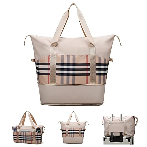 Travel Duffel Bags For Women,Large Capacity Carry On Tote Bag,Expandable Sports Gym Bag With Trolley Sleeve Weekender Tote Bags For Hospital Gym Check Khaki Birthday Gift Bag Dance Swim Yoga Beach Bag #TOP1