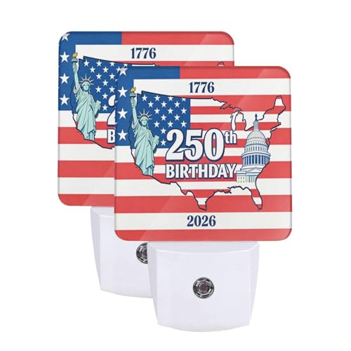 Image of 250 Years Birhtday of USA Night Light Set of 2, Patriotic Auto Sensor LED Dusk-to-Dawn Nightlights, Plug-in Sensor Lamp for Bedroom Bathroom Kitchen Hallway Stairs Decorative