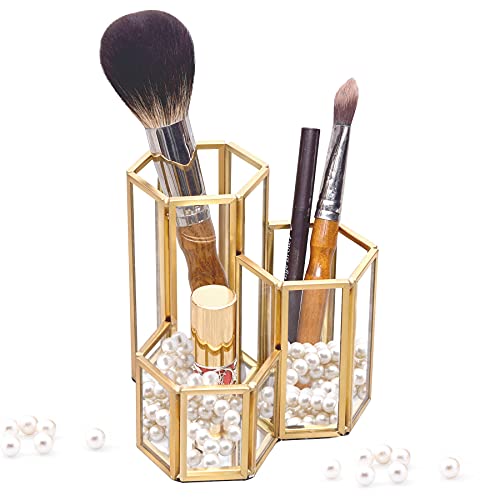 Moxita 3 Slots Glass Makeup Brush Holder Gold Hexagon Cosmetics Brush Eyeliners Display Cup Pen Penncil Holder Cosmetics Brushes Cup for Desktop Bathroom with White Pearls