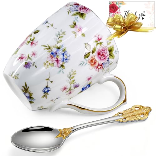 Image of TEVLAUXO Coffee Mugs,Bone China,with gold trim,Floral Flower Vintage Pattern,Fine Porcelain Tea Cups,pretty Large Ceramic with Handle,Spoon,Gift Box For Women Men,Boyfriend,Drink Milk,Water,Cocoa