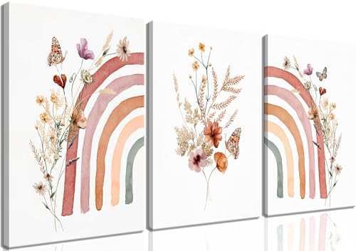 Image of AKWISH Boho Rainbow Wall Art for Girls Room - Set of 3 Framed Wildflower Canvas Prints for Nursery, Baby Girl Room, Kids or Dorm Decor - Soft Pastel Botanical Bohemian Wall Decor 12x16in