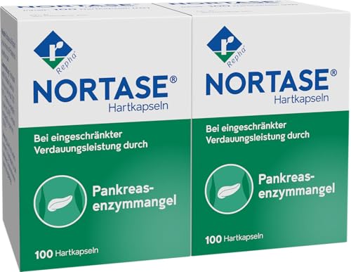 NORTASE - Verdauungsenzyme bei Bauchspeicheldrüsenschwäche - säurestabile Rizoenzyme - wirkt im Magen & Darm - bei Blähungen Durchfall & Völlegefühl nach fettigen Mahlzeiten - 2x100 Hartkapseln