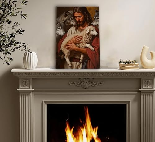 Jesus and Lamb Canvas Wall Art Jesus Saves the Lost Lamb Painting Picture Wall Decor Christian Shepherd Religious Poster Print Artwork for Church Room Living Bedroom Office Home Decoration Framed