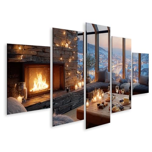 islandburner Cuadro sobre lienzo acogedor salón con chimenea y noche de vino - 5 piezas