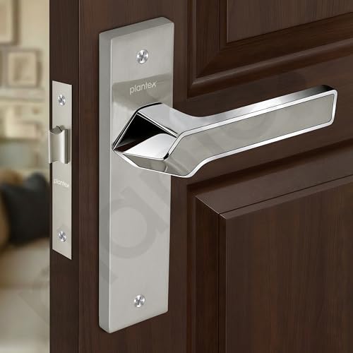 Image of Plantex Heavy Duty Bathroom Door Lock - Mortise 8 Inch Keyless Plate Handle Set for Home /Bathroom /Store Room /Balcony /Office with Baby Latch (8133-Satin Steel & Chrome)