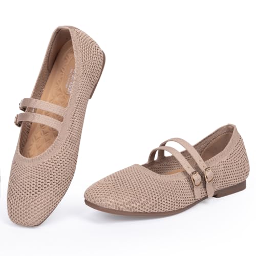 Image of Frank Mully Women's Flats Square Toe Mary Jane Shoes Ballet Flats with Strap Comfortable Slip On Knit Shoes Dressy Casual