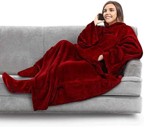 PAVILIA Fleece Blanket with Sleeves, Foot Pockets for Women Men Adults, Plush Wearable Blanket Throw Wrap, Warm Snuggle Blanket Robe, Cozy Gift Ideas Wife Mom, Burgundy Red
