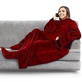 PAVILIA Fleece Blanket with Sleeves, Foot Pockets for Women Men Adults, Plush Wearable Blanket Throw Wrap, Warm Snuggle Blanket Robe, Cozy Gift Ideas Wife Mom, Burgundy Red