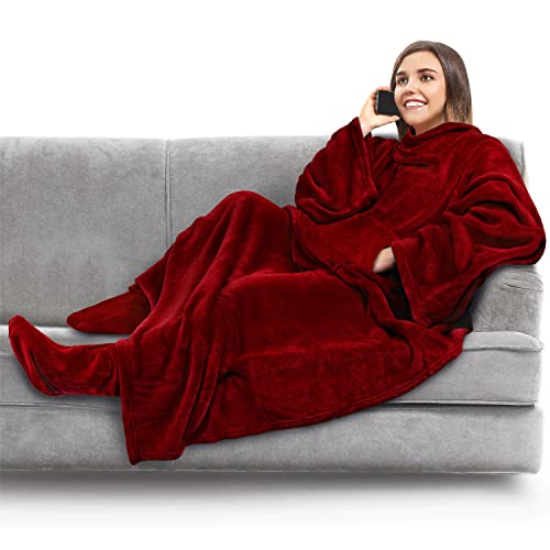 PAVILIA Fleece Blanket with Sleeves, Foot Pockets for Women Men Adults, Plush Wearable Blanket Throw Wrap, Warm Snuggle Blanket Robe, Cozy Gift Ideas Wife Mom, Burgundy Red