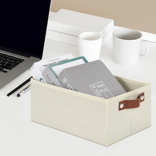 Image of DULLEMELO Storage Bin, Fabric Storage Bin with PU Handles, Decorative Storage Basket and Organizer Bins, Collapsible Storage Bins for Toy Storage, Clothes Organizer (Light Beige,11.8L*7.9W*5.1H)
