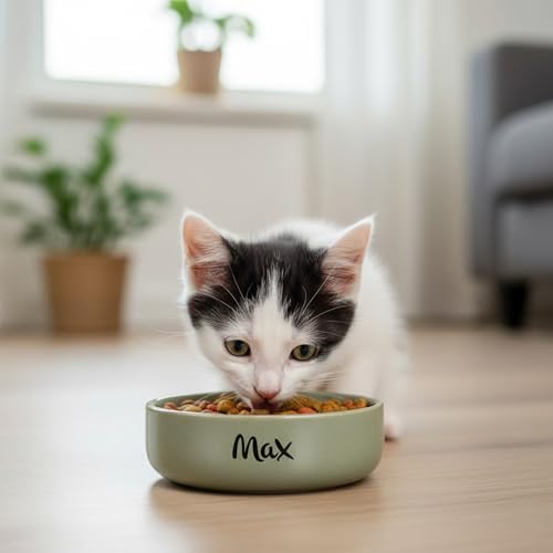 Personalisierbarer Keramik-Futter- & Trinknapf 350 ml (S) Grün – schwer & rutscharm – spülmaschinengeeignet & hygienisch – für kleine Hunde & Katzen – mit Namen personalisiert – Petslino