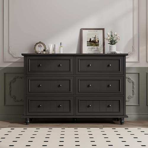 Image of Black 6 Drawer Dresser, Vintage Chest of Drawers, 47.2'' Bedroom Cabinet