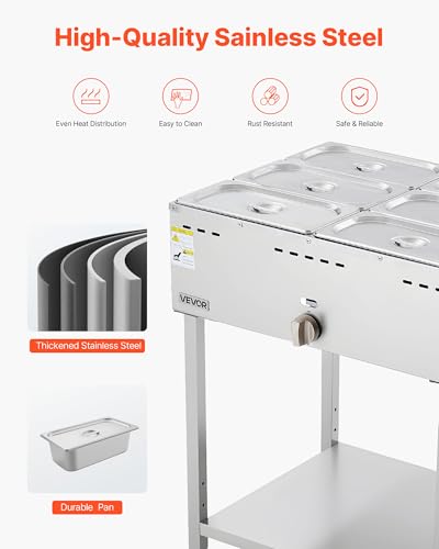 Image of VEVOR 6-Pan Commercial Propane Steam Table, LP Gas Outdoor Soup Warmer with Drain Valve and 3 inch Wheels, Stainless Steel Propane Food Warmer with Adjustable Temperature, for Restaurant Outdoor Camping