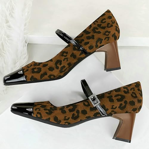 Meefit Women Leopard Mary Janes Square Toe Chunky Heel Pumps with Buckle Mid Heel Suede Mary Janes Shoes3