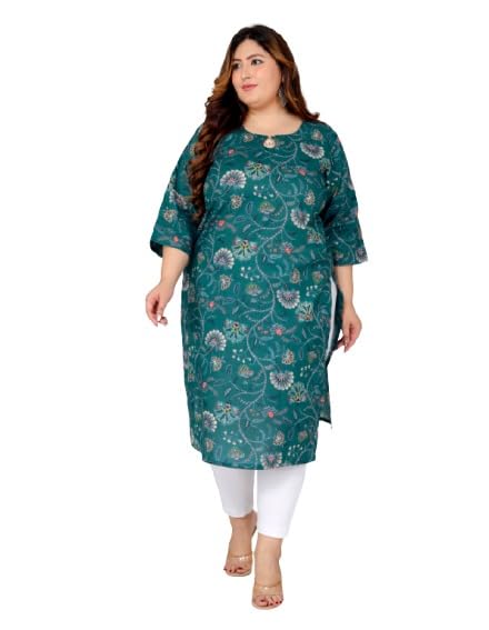 Women Printed Pure Cotton Blue Plus Size Straight Kurta