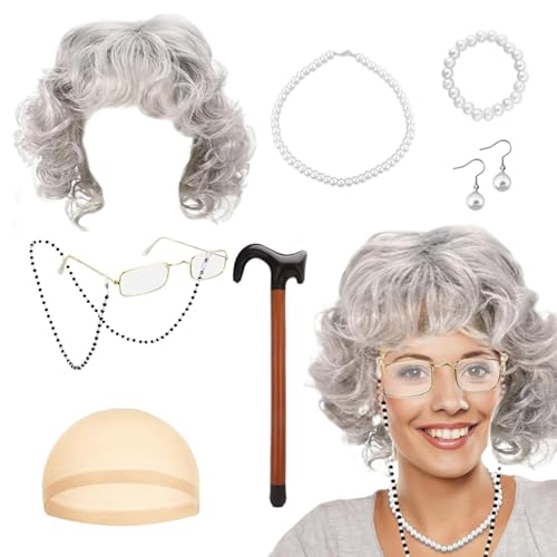 Lot de 9 accessoires de cosplay Perruque de grand-mère avec bonnet, costume de retraité, collier, bracelet, boucles d’oreilles, lunettes avec chaîne et canne