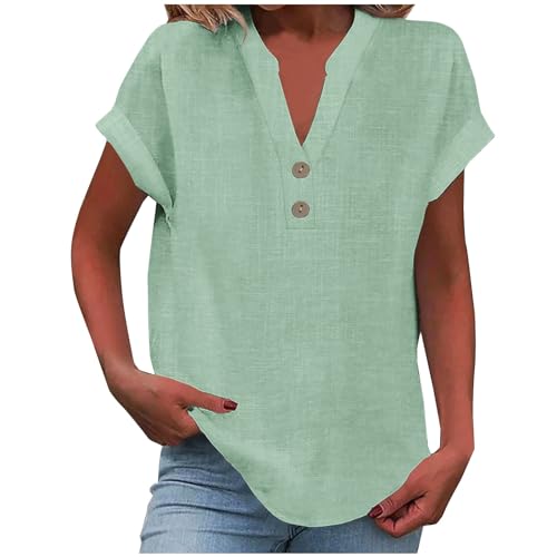 Linen Shirts for Women Summmer Short Sleeve Casual Tops Henley Vc...
