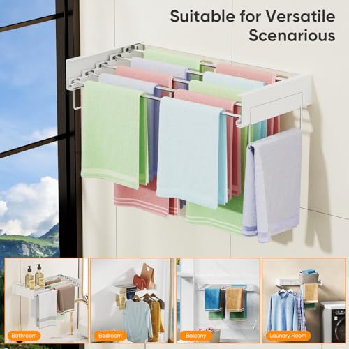 Wall Mounted Drying Rack, Laundry Clothes Drying Rack Foldable, Collapsible Hanger Clothing Wall Mount with 2 Towel Handles and Wall Template for Indoor Outdoor Hanging Clothes, 5 Rods, 31.5 Inch
