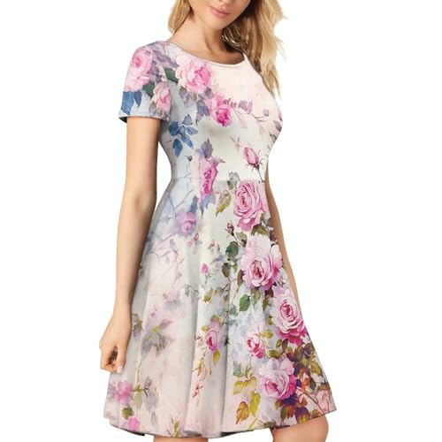 Image of HUGS IDEA Womens Puffy Swing Midi Dress Round Neck Short Sleeve Party A-Line Dresses