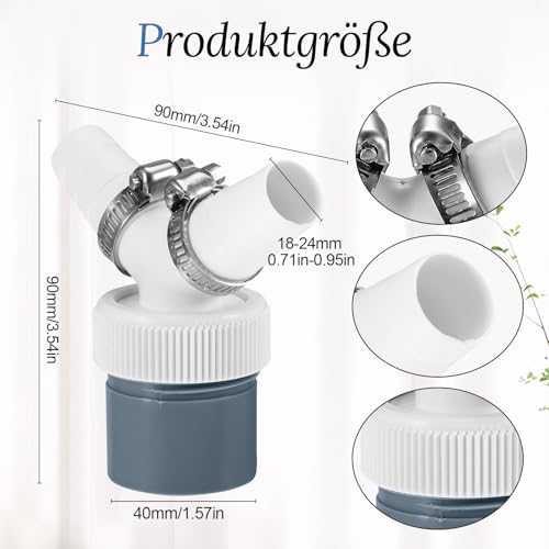 Abfluss Waschmaschine Doppelanschluss, Waschmaschine Abfluss Adapter Y-Adapter für Geschirrspüler, Trockner, Waschmaschine, Gartenschläuchen, 18-24 mm und Abgang 40mm Rohr mit Schlauchschelle