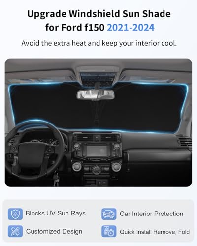 Image of Custom Fit Windshield Sun Shade for Ford F150 2021-2026 | Blocks UV Rays and Sun Heat, Helps Reduce Interior Temperature, Protects Dashboard from Fading, Folds Easily for Storage
