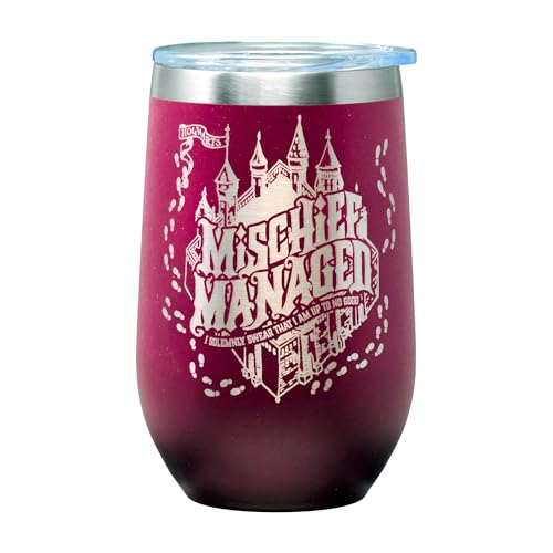 Image of Spoontiques Mischief Managed Etched Stainless Steel Tumbler - Insulated Wine Tumbler with Lid - Double Wall Stainless Steel Stemless Wine Glass - 16oz - 5 5 /8 inch Tall