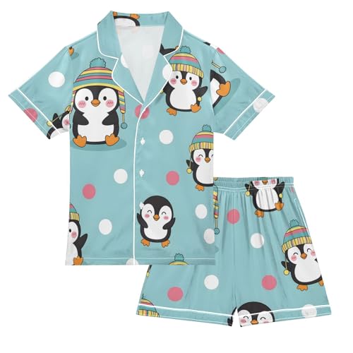 Satin Pajama Sets Short Sleeve Cute Penguins with Colorful Hats Button Down Silky Nightwear 2 Piece PJS 5-14Y