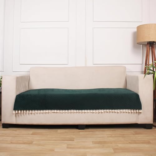 Image of 3-Seater Quilted Velvet Sofa Cover with Tassels | Geometric & Solid Color Design | Elegant Sofa Protector for Living Room | Soft, Washable & Stylish Home Decor (Dark Green)
