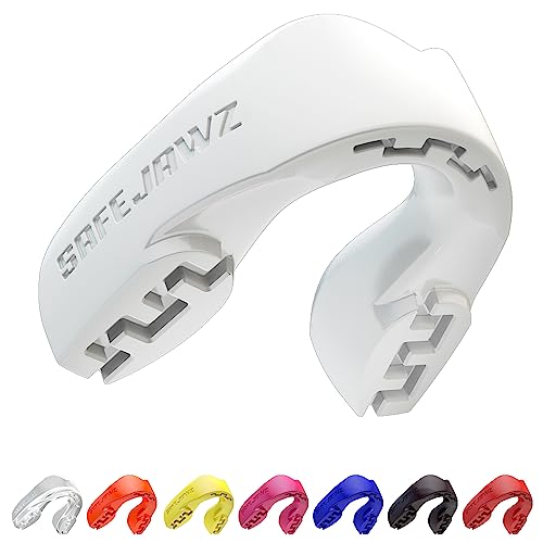 SAFEJAWZ Mouthguard Slim Fit, Adults and Junior Mouth Guard with Case for Boxing, Basketball, Lacrosse, Football, MMA, Martial Arts, Hockey and All Contact Sports (White, Adult)