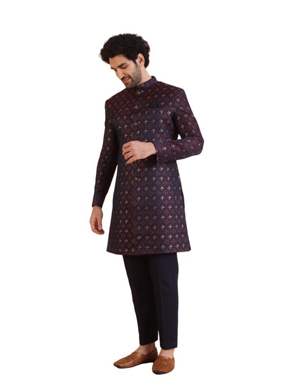 kisah Men's Silk Blend Textured Woven Sherwani Set | Wedding Groom Festive Traditional Occasions-picture-18