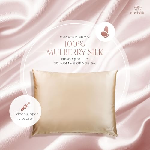 Image of 100% Mulberry Silk Pillowcase Infused with Silver Ions - Pure 30 Momme Grade 6A Fibers for Beautiful Skin and Hair - Cooling Pillow Case Protector with Zipper (Standard) Pink Color