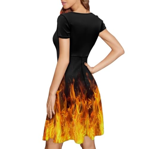 Image of POLERO Women Puffy Swing Elegant Party Midi Dresses Short Sleeve Round Neck A-Line Dress