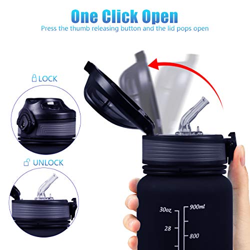 Lunidry Water Bottle with Straw & Time Marker, 32oz Motivational Water Jug BPA-Free Leakproof, to Ensure You Drink Enough Water for Outdoor, Sports, Fitness, Lockable Pop Open Lid (Navy Blue/ Red Gradient)