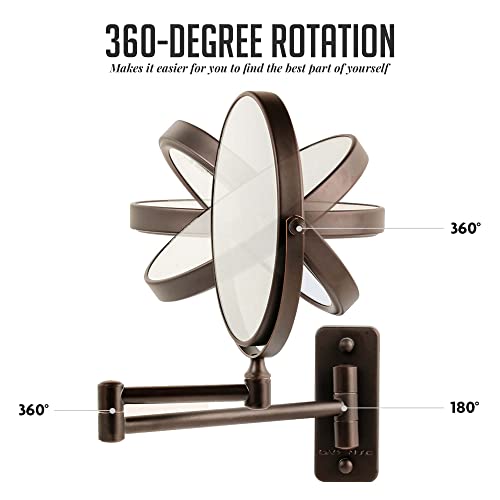 Ovente 7" Wall Mount Makeup Mirror, 1X & 10X Magnifier, Adjustable Spinning Double Sided Round Reflection, Extend, Retractable & Folding Arm, Bathroom & Vanity Décor, Antique Bronze Mnlfw70Abz1X10X #TOP2