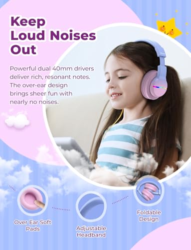 Image of iClever BTH12 Kids Headphones, Colorful LED Lights Kids Bluetooth Headphones with 74 /85 /94dB Volume Limited Over Ear, 40H Playtime, Built-in Mic for School /Tablet /PC /Airplane (Gradient Pink)