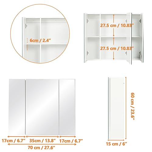 image for DICTAC Medicine Cabinet Bathroom Mirror Cabinet with 3 Door 27.6x23.62