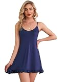 Bresdk Schlafshirt Damen Baumwolle Sleepshirt Nachtwäsche Sexy Nachthemd Blau M