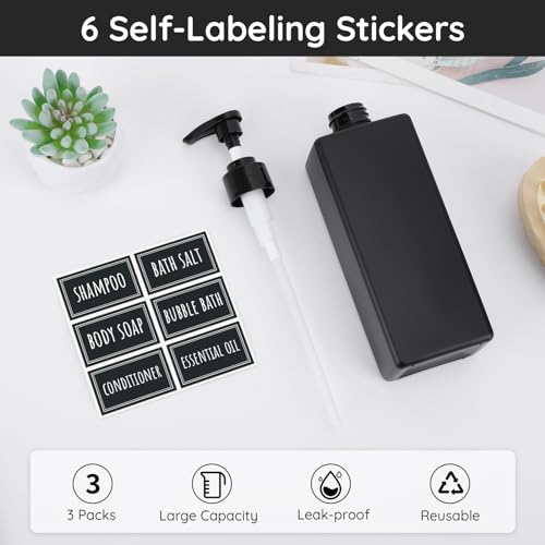 Image of Segbeauty Matte Black Soap Dispenser, 3 Pack 16.9oz Refillable Shampoo and Conditioner Bottles with Labels, 500ml Empty Plastic Square Shower Dispenser Bathroom Soap Dispenser Set for Body Soap